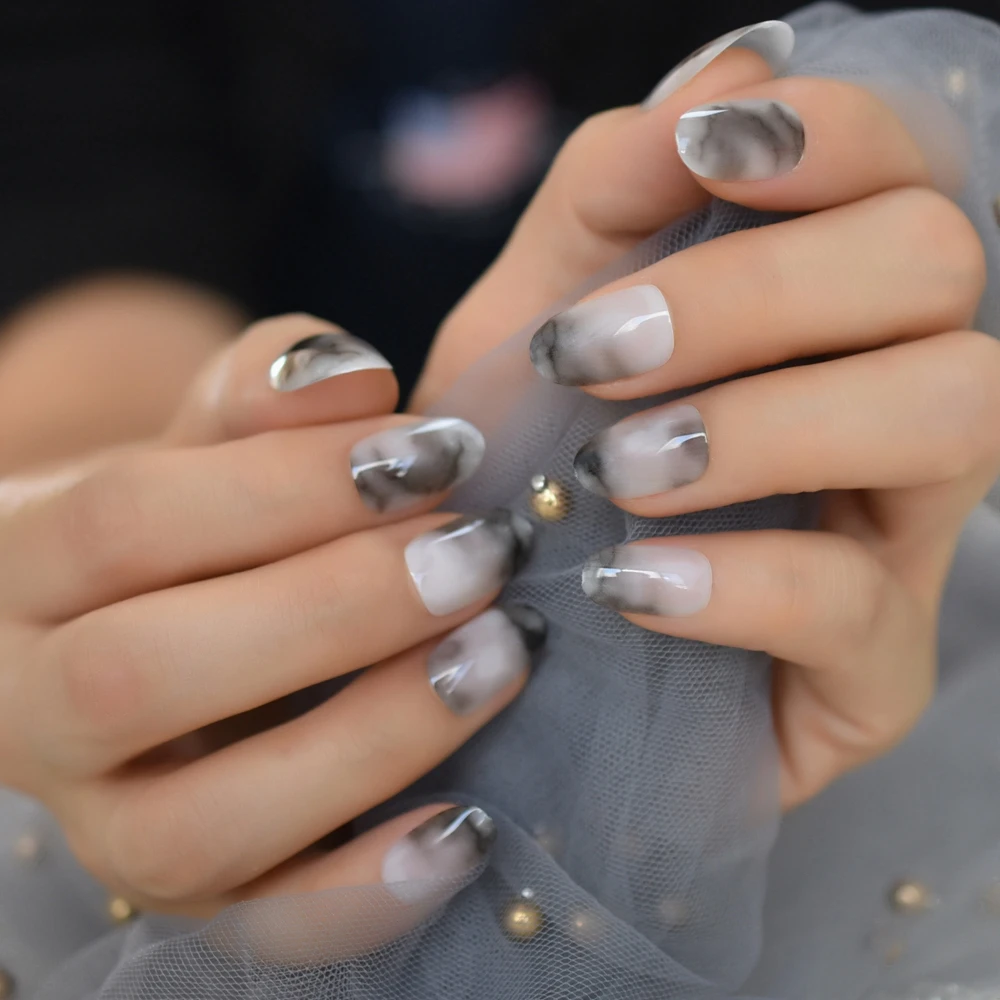 Grey Ombre Marble Nails Ink Drawing Short Oval Gradient Nail Art Tips Thick Press On Fingernails with Adhesive