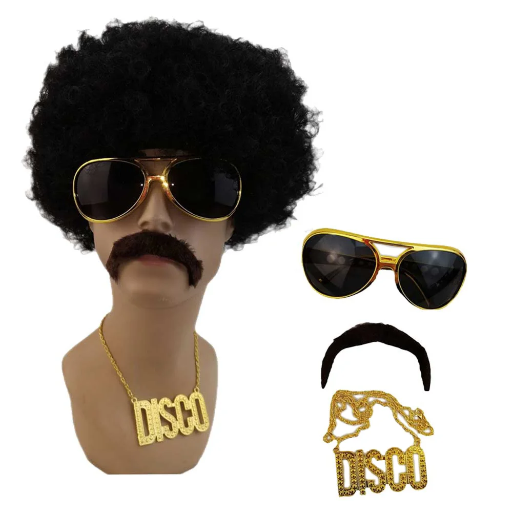 Fantasia Hippie Cosplay Afro Haar Pruiken Bril Ketting Jaren 80 Feest Discraz Kostuum Accessoires Mannen Halloween Feest Rekwisieten