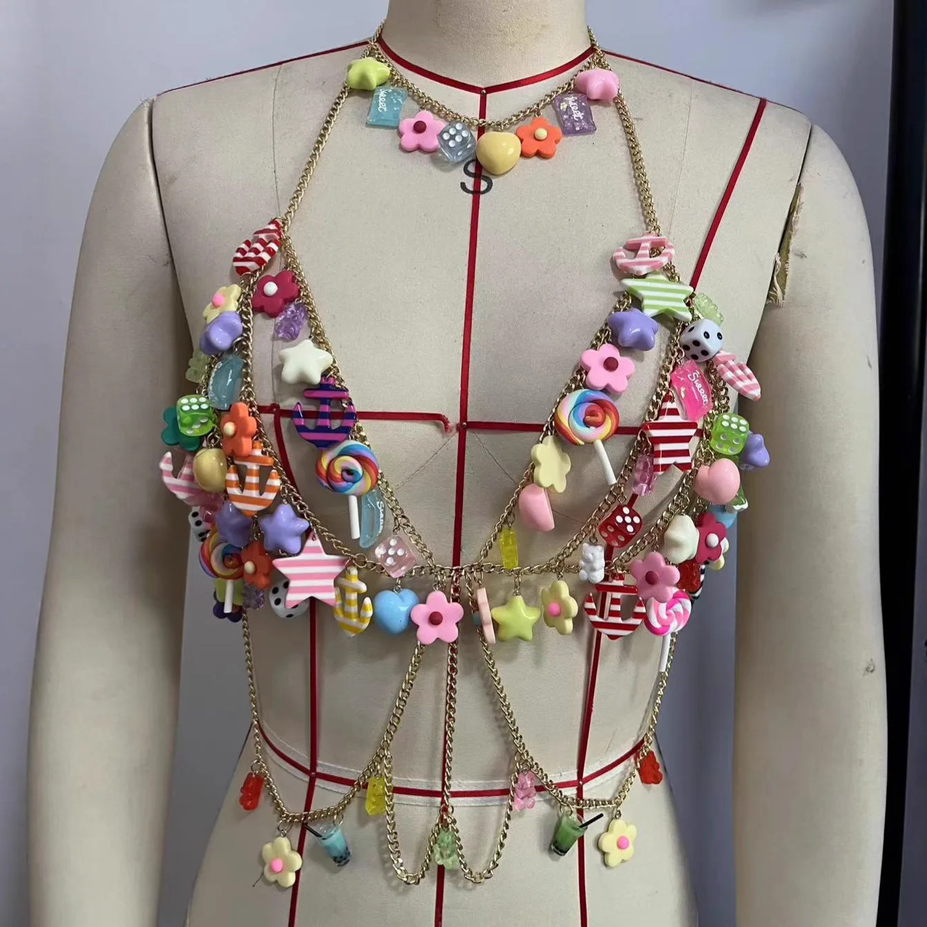 New Holiday Color Blocked Body Chain Colorful Macaron Top Vest Corset Sexy Hollow Chest Chain Chest Decoration For Spicy Girls