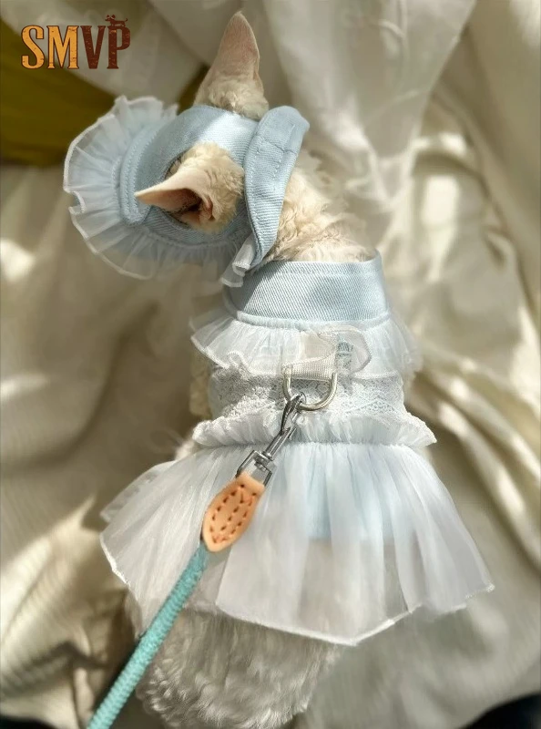 

Light Blue Lace Tulle Pet Harness Dress Cute Summer Vest With Leash Hook For Sphynx Cats And Small Dogs Pet Outdoor Supplies