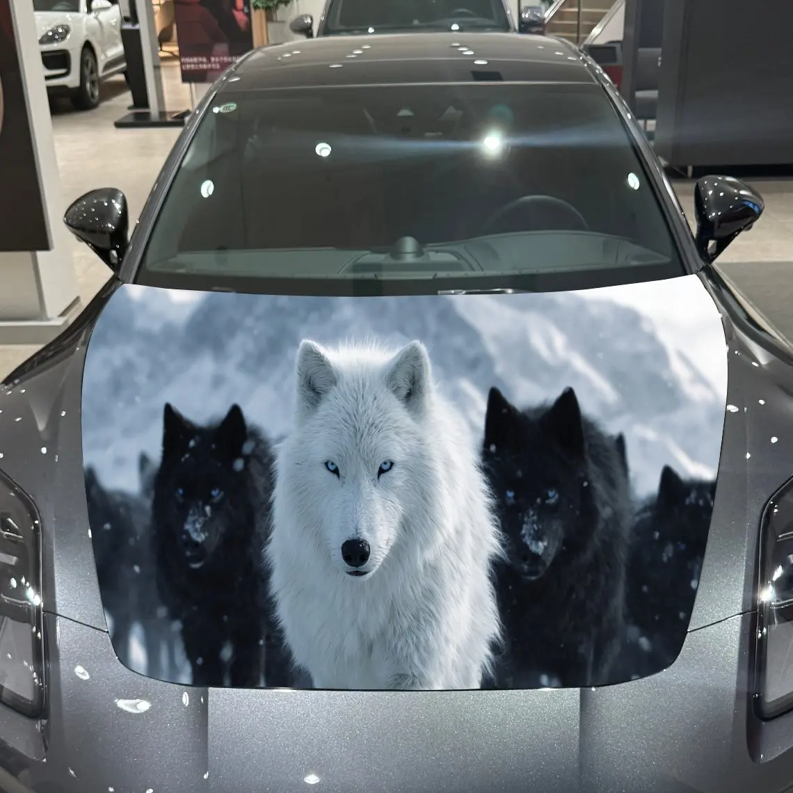 White Wolf Pack Wilderness Dominance Adventure PVC Car Hood Wraps, Self-Adhesive Waterproof Car Bonnet Decal Sticker, Car Decora