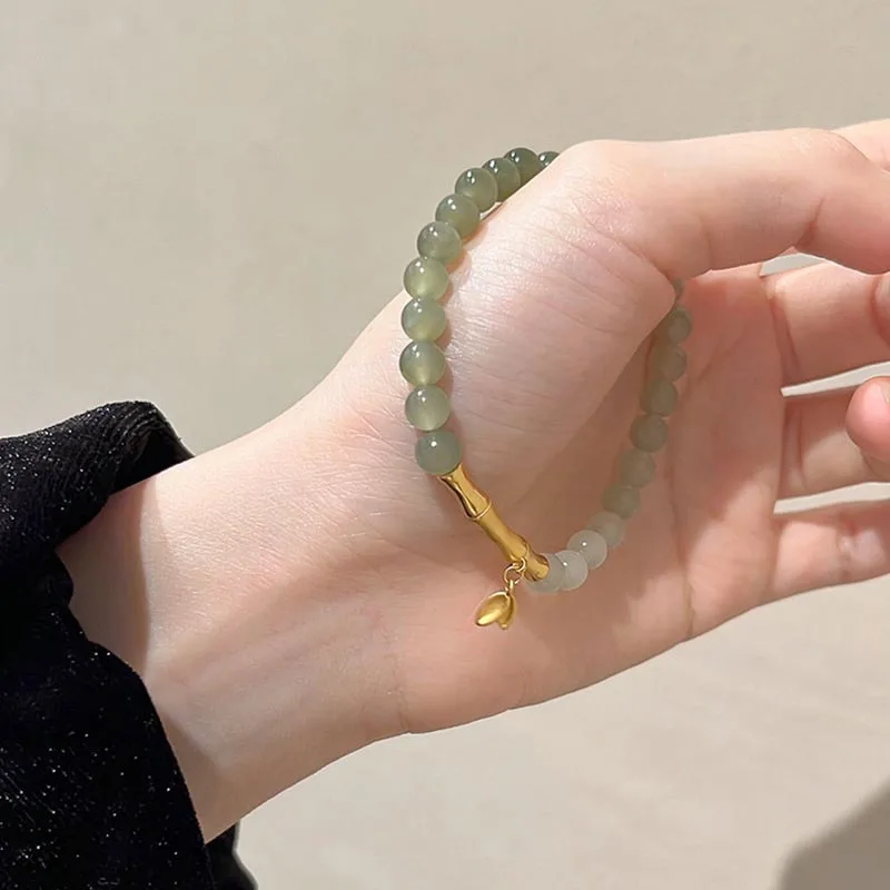 Natural Hetian Jade Luxury Bracelet Authentic Jade Green Natural Round Beaded Bamboo Leaf Women Bracelet with Certificate