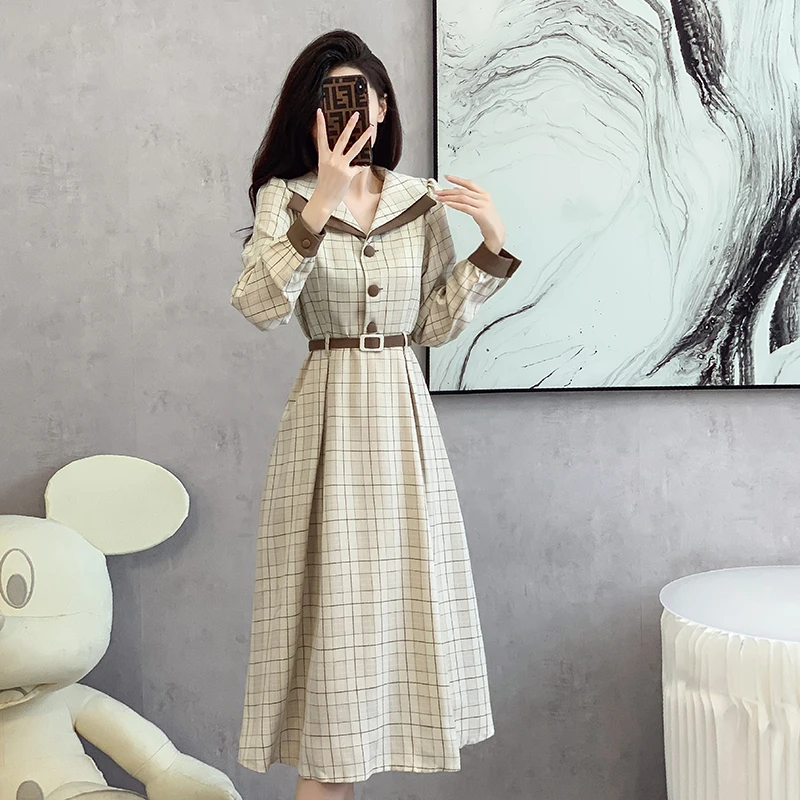 Autumn Women\'s Elegant Peter Pan Collar Women Plaid A Line Dress Ladies Long Sleeve Vintage Casual Dress Vestidos