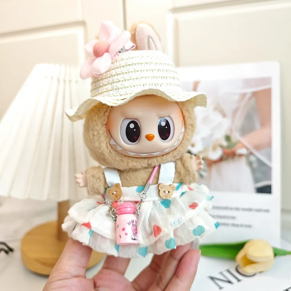 For 17cm Labubu V2 V1 Mini Doll Clothing  Wrinkled Dress Knitted Straw Hat Vacation Style Labubu Clothes Ropa Labubu