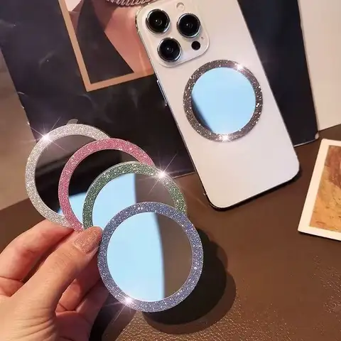 5Pcs Bling Mirror Magnetic Metal Bracket Case Mobile Phone Case Self-Adhesive Lens Sticker Portable Makeup Round Mirror Decal