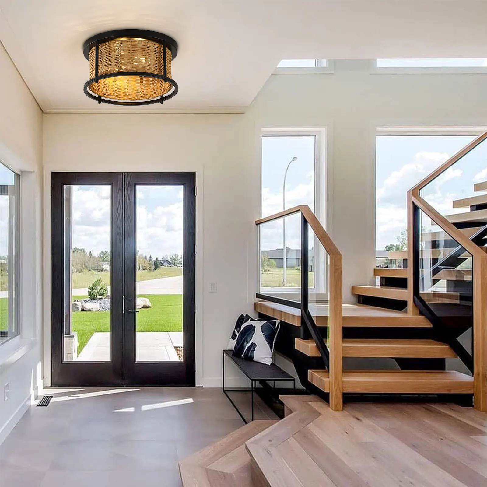 Bamboo Wicker Rattan Shade Chandelier Light Rustic Flush-Mount Ceiling Light NEW