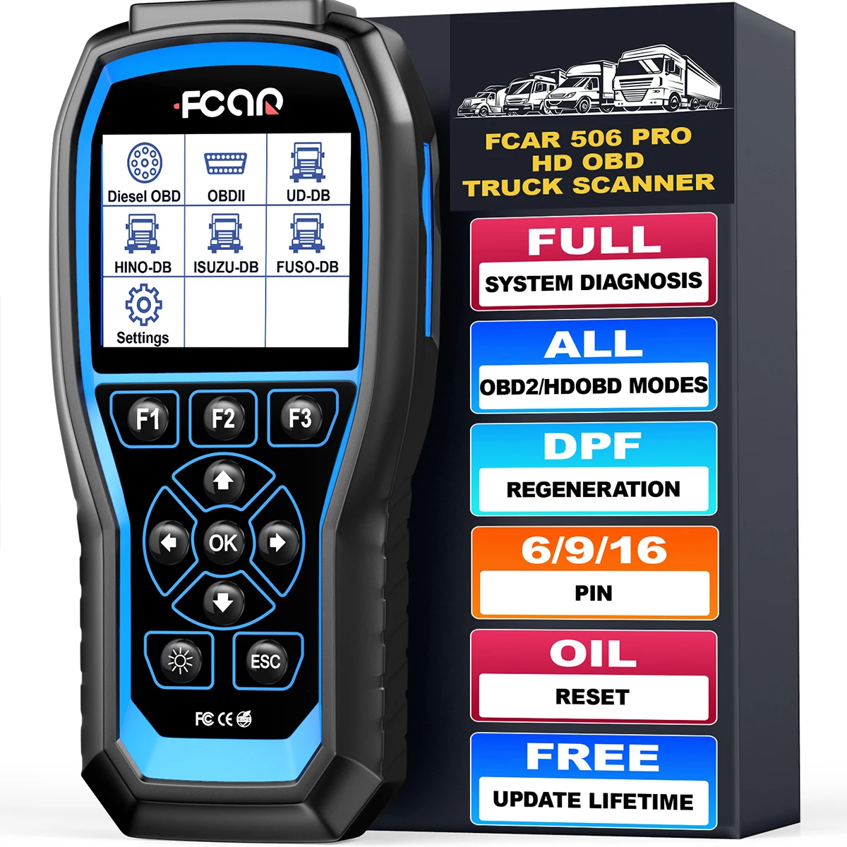 

FCAR F506 Pro OBDII Дизельный OBD диагностический инструмент Устройство считывания кодов грузовика Регенерация DPF и сброс моторного масла для Isuzu UD Hino Fuso