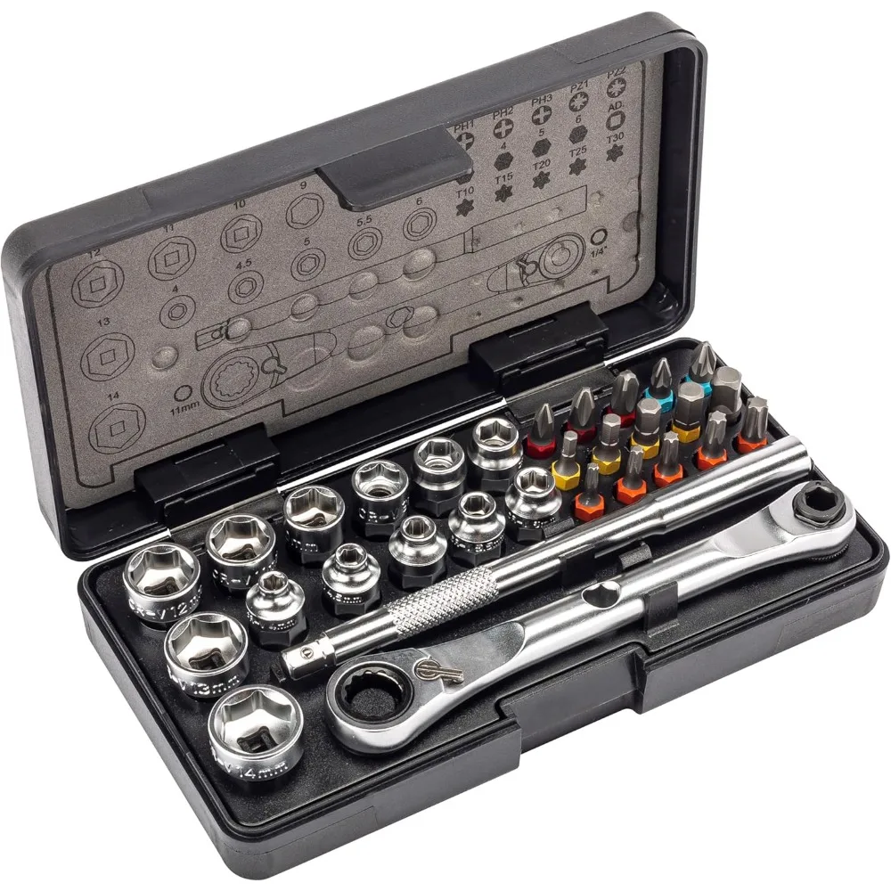 

Компактный набор инструментов для велосипеда из 30 предметов с двойным храповым ключом и различными головками для быстрой ремонта