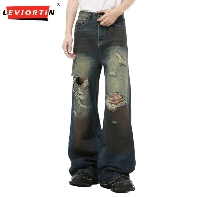 Men's autumn collection, new European and American high street vintage, hip-hop, ripped hole, handsome straight leg jeans trend