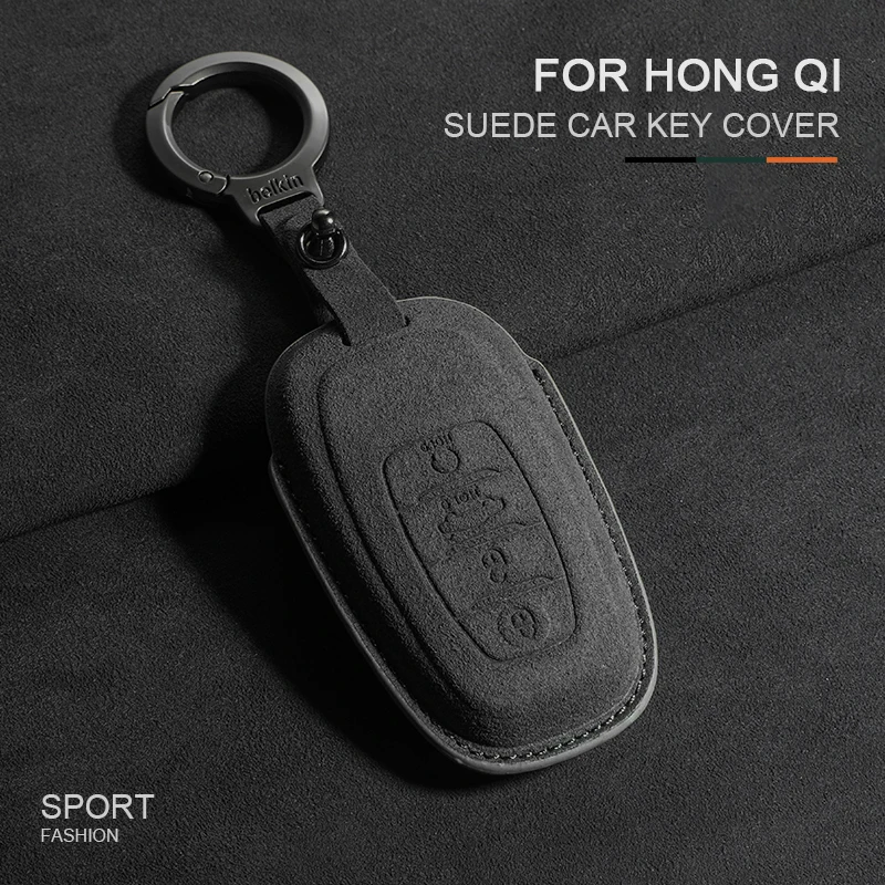 

For FAW Hongqi H5 H9 2020 2021 2022 E-HS9 High-end 2023 Suede Leather Car Remote Key Case Holder Shell Protector Cover Keychain
