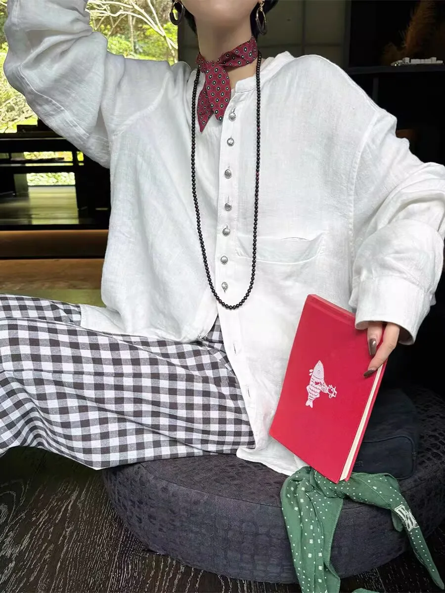 

Свободная женская рубашка в стиле ретро, льняная хлопковая однобортная рубашка с воротником-стойкой, элегантные универсальные осенне-летние солнцезащитные топы N985