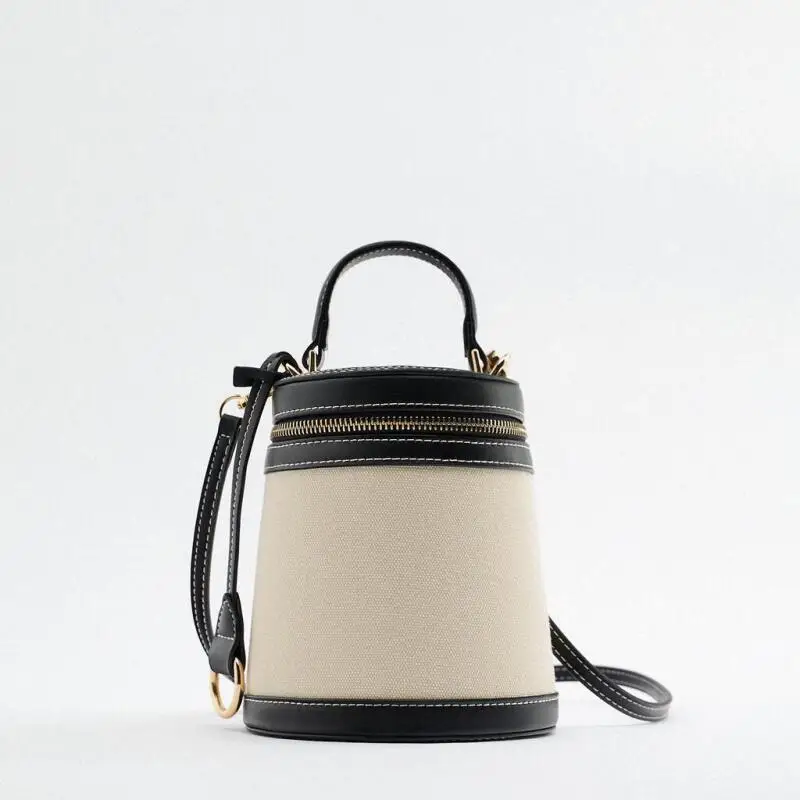 New Female Shoulder Bags Fashion Bucket Bag Black White Handheld Bag Women\'s Zipper Canvas Bags Leisure Outdoor Crossbody Bags