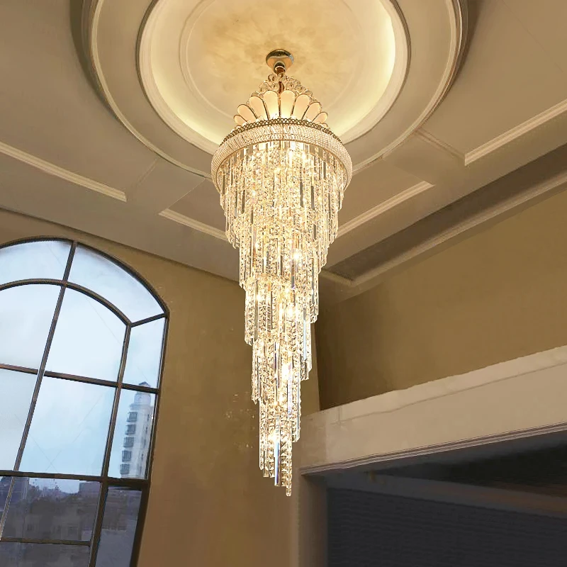 Stair Beaded Shiny Crystal Chandelier Gold Long Chandelier European Fashion Modern Pendant Lighing For Living Room Villa