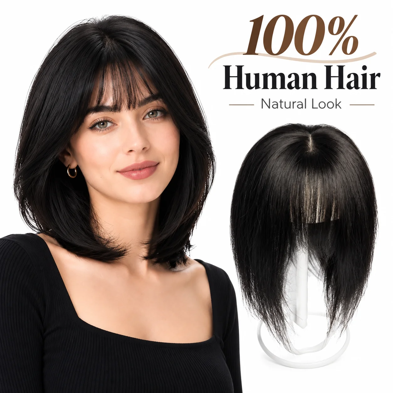 Natural T-part Lace Base Human Hair Toppers for Women with 3D Bangs Clip in Hair Extension Hairpiece Cover Hair Loss