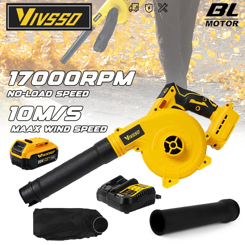 

Бесщеточный электрический воздуходувка VIVSSO, аккумуляторная воздуходувка для листьев, пыли, снега, чистый электроинструмент, турбовентилятор для Dewalt, 20 В, аккумуляторные штифты