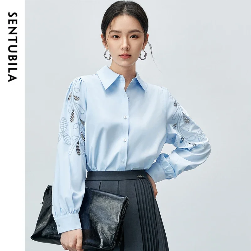 

SENTUBILA Embroidery Hollow Out Shirt for Women 2024 Autumn Turn Down Collar Long Sleeve Solid Elegant Blouse Ladies M43C57362X