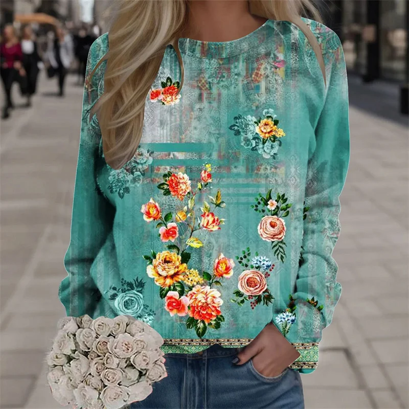 New Flower Long Sleeve T Shirts For Women Spring Fashion Street Girl Lady Pullover Tops 3D Printed Floral Graphic T-shirts Women