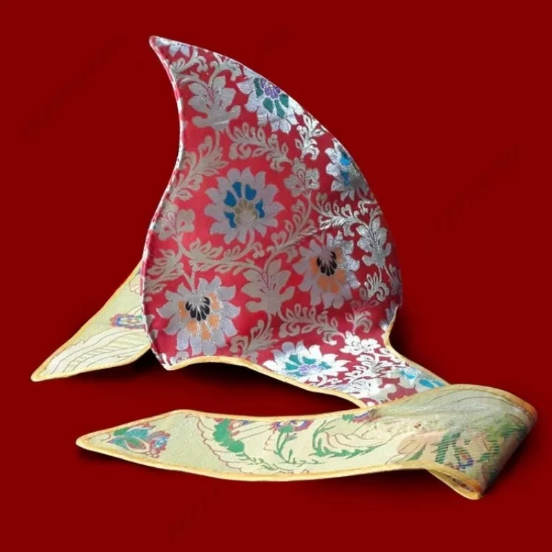 tibetan-buddhist-lama-monk's-ceremonial-hat-zongkapa-master-style-traditional-peach-shaped-dharma-cap