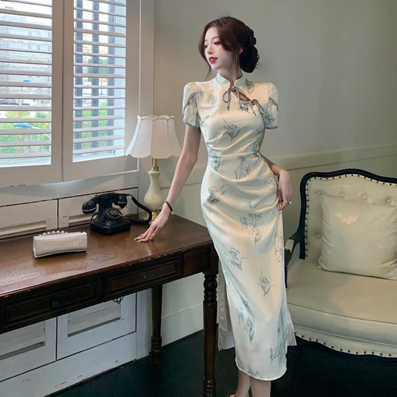 Novo Qipao Chinês de Verão com Cintura Alta, Estilo A-Line, Estampa Floral, Elegante e Sofisticado para Mulheres Jovens