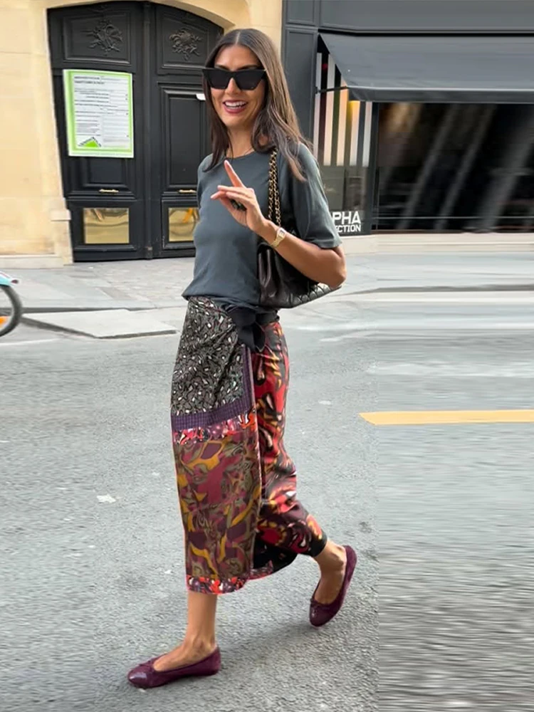 Lace Up Chic Long Print Women's Panelled Skirts Loose Ankle-length Elegant Fashion High Street Casual Streetwear 2026 Summer