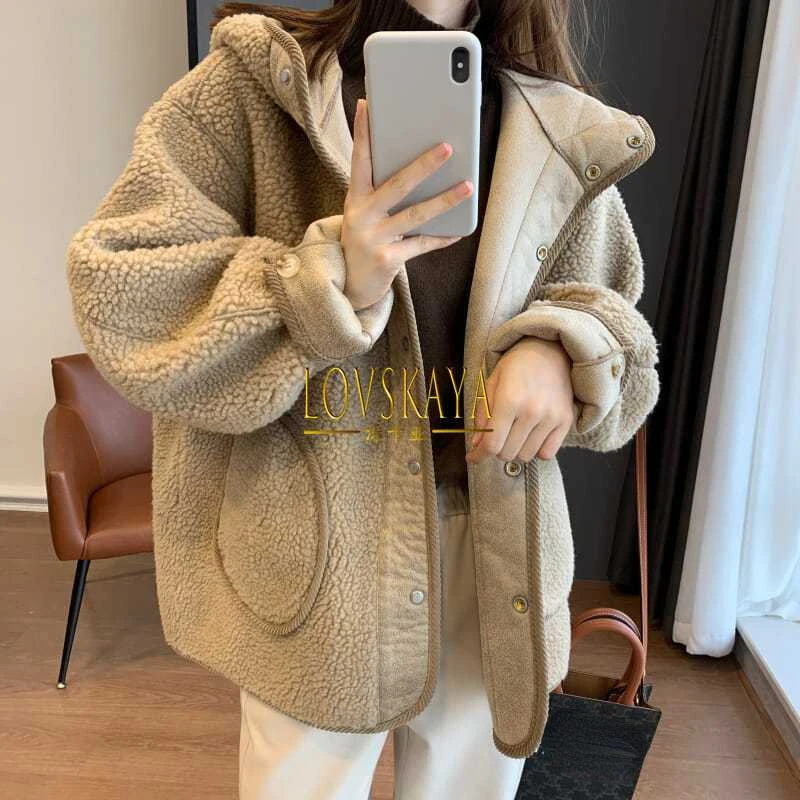 

Fluffy Korean version loose thick slimming versatile hooded stylish top lamb plush jacket new for women in autumn and winter