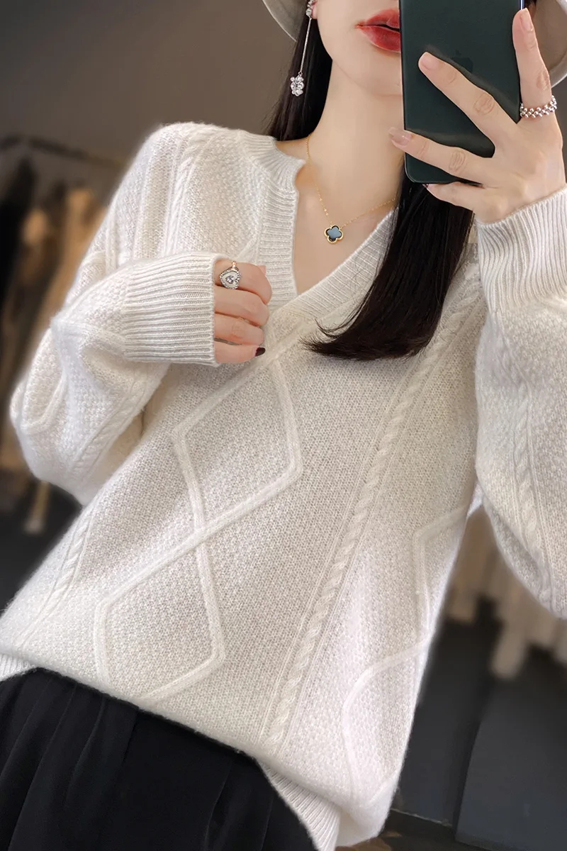 Classic 100% Merino Wool Sweater Casual V-Neck Knitwear Striped Long Sleeve Pullover Autumn Winter Women Loose Cashmere Tops