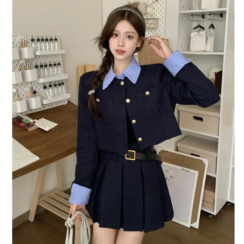 2024 Spring Autumn Preppy Style Blue Patchwork Coats Mini Pleated Skirts Two Piece Set Korean Women Slim Jacket Skirt Outfits