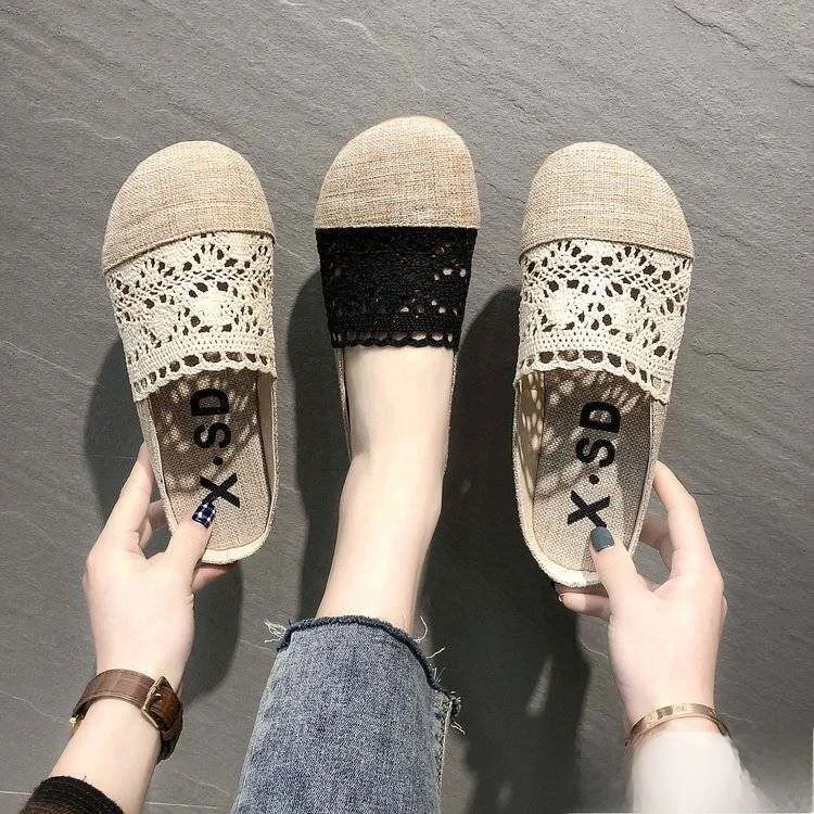 Women's Lace-Up Flat Sandals Open-Toe Slip-On Linen Hollow out Design Summer Outdoor Wear Casual Comfortable Footwear