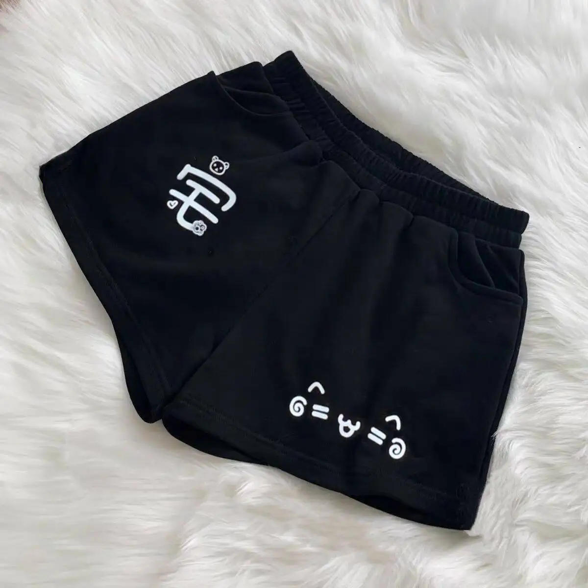 

Cute Print Black Subculture Short Pants Women Summer Stay-at-Home Y2K Student Loose Casual Wide Leg Trousers Knot
