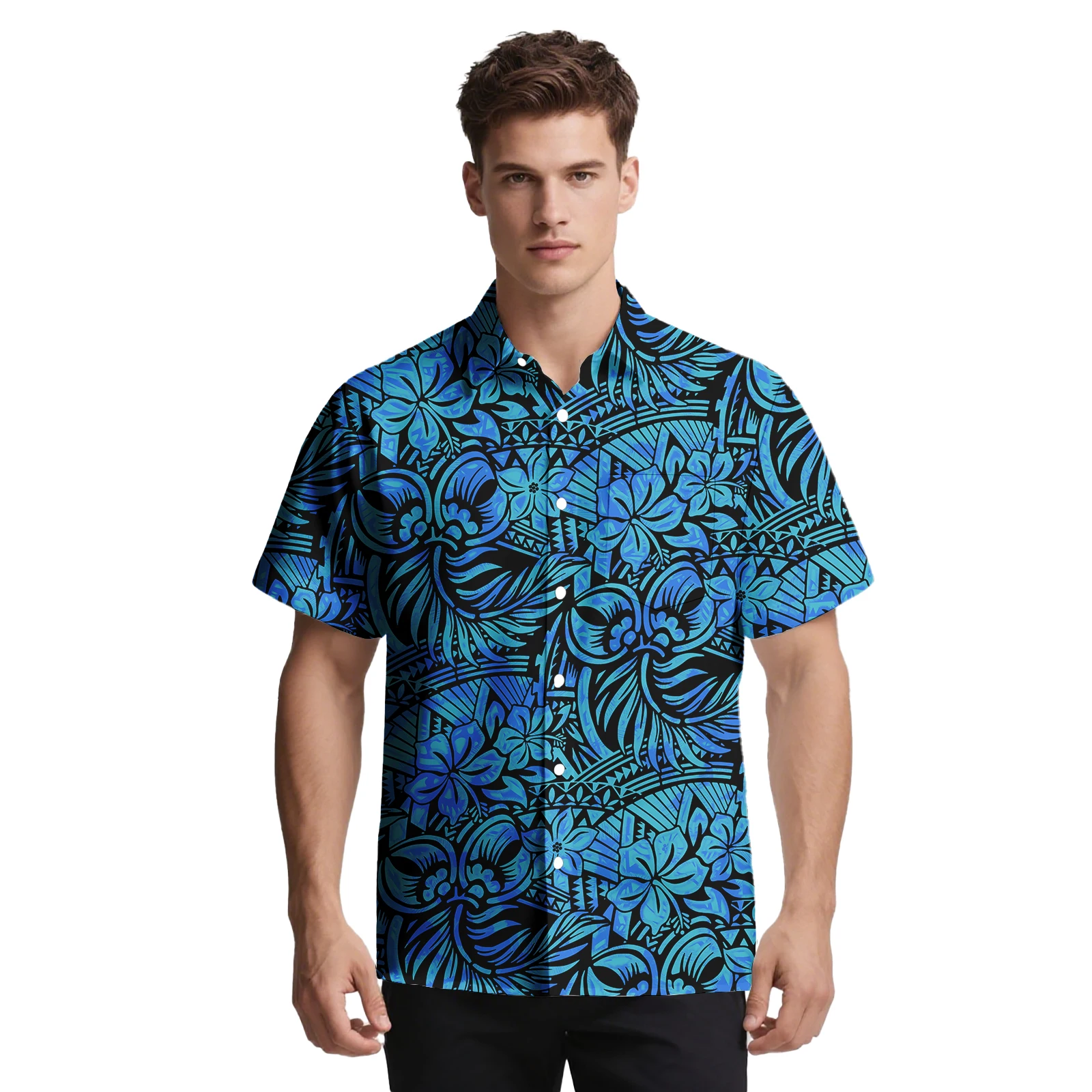 ساموا القبلية تصميم شعار مخصص الرجال الملابس هاواي شاطئ قميص الرجال وسيم زر أعلى البولينيزية العرقية نمط الرجال ألوها قميص #3