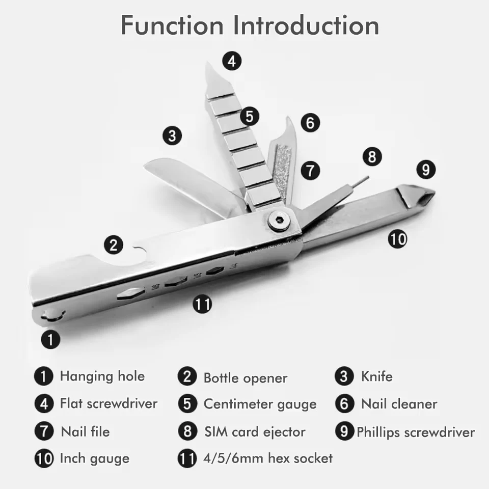 11-in-1 Mini Multifunction EDC Tools Kit Portable Stainless Steel Nail File Screwdrivers Keychain for Outdoor Emergency Camping