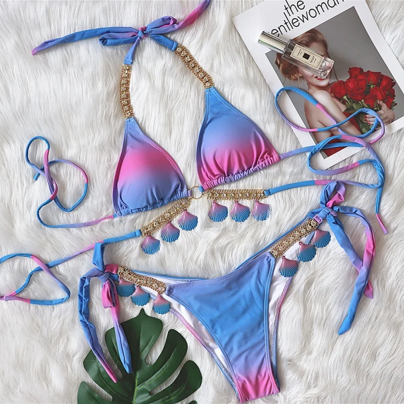 New Sexy Strappy Gradient Print Women's Two-Piece Swimsuit Luxurious Crystal Diamond Bikini Shell Swimwear