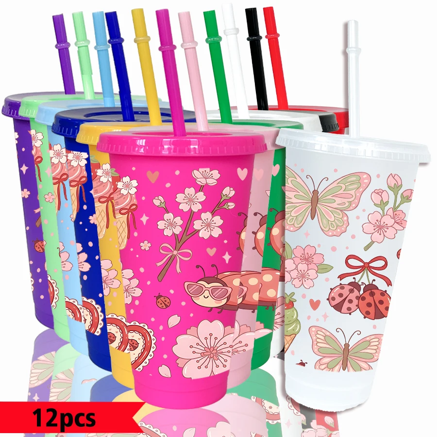 12pcs/pack Flowers Butterflies Ladybugs Pattern 26oz Colored Plastic Party Cold Cups for Back-to-school Birthday Gifts