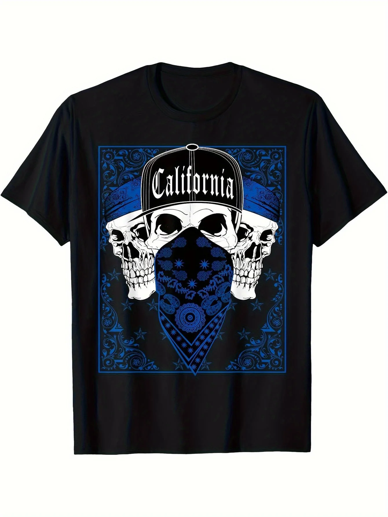 California Blue Bandana T-Shirt with a Skull Gangster Design