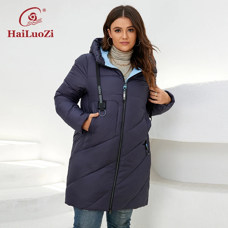 HaiLuoZi 2022 Winter Women's Jackets Thick Cotton Big Pockets Hood Zipper Quilted Parka Oversize Female Casual Women Coat 6896