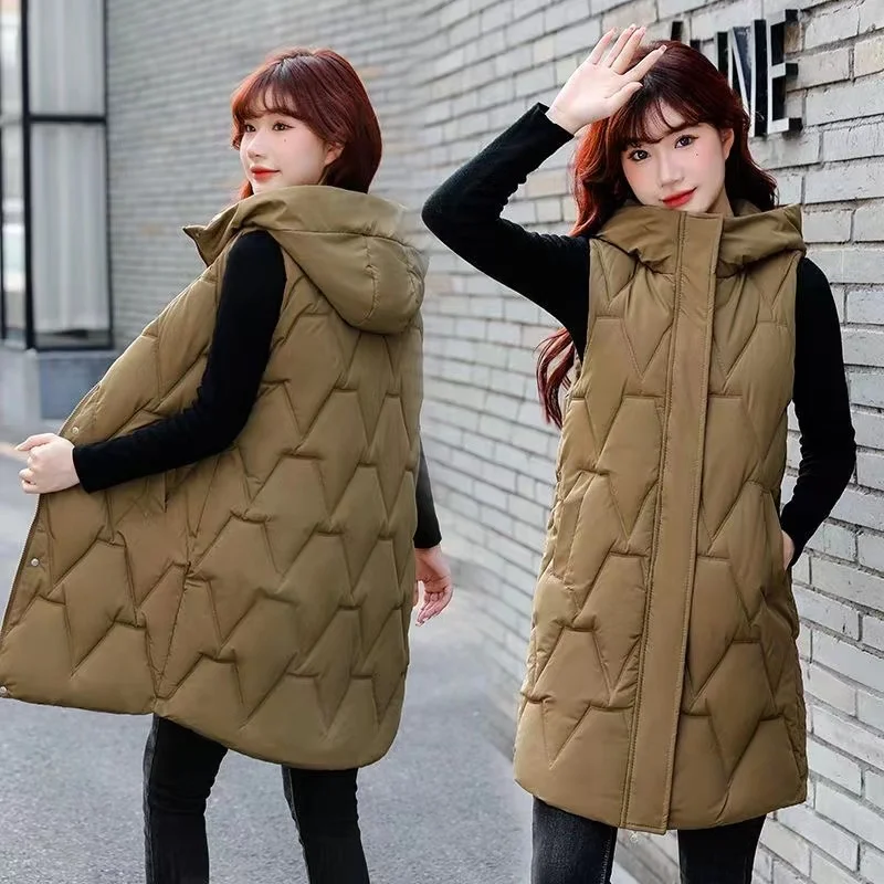 

Autumn Winter Women Down Cotton Vest Coat 2023 New Female Warm Sleeveless Jacket Hooded Long Waistcoat Ladies Vest Outerwear