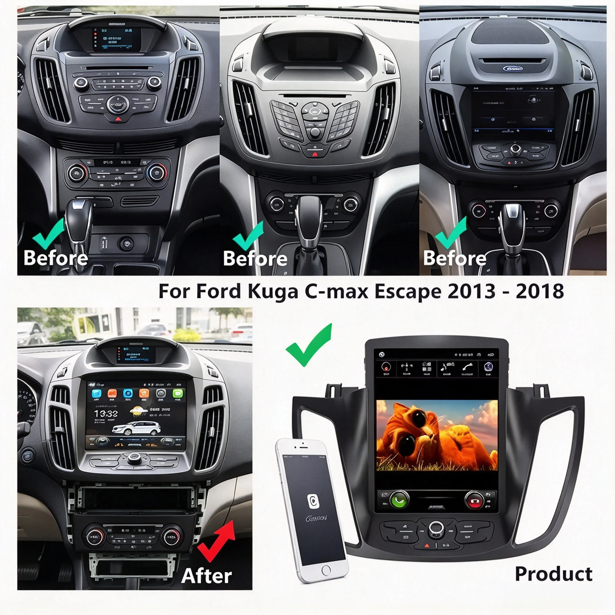 Android 14 Car Radio For Ford Cmax 2013 2011 KUGA Screen Stereo GPS Multimedia Video Player Navigation CarPlay IPS SCREEN