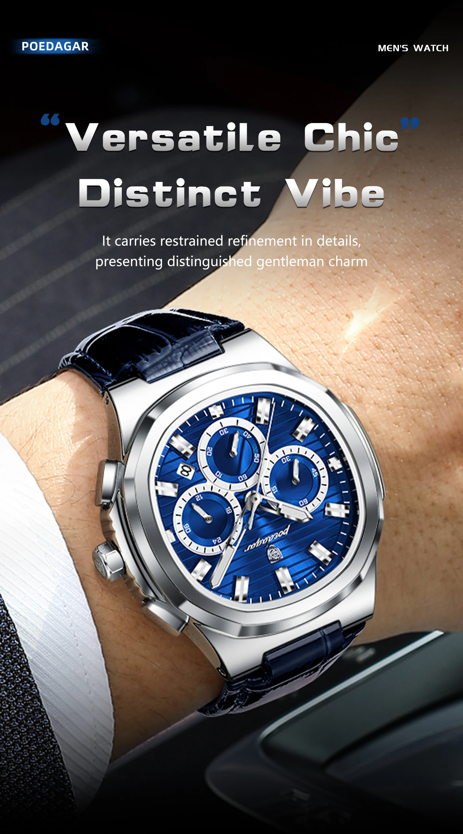POEDAGAR Business-Herrenuhr Leder Wasserdicht Leuchtend Sport Herrenuhr Datum Chronograph Quarz Mode Herrenuhren Reloj – Detail 13
