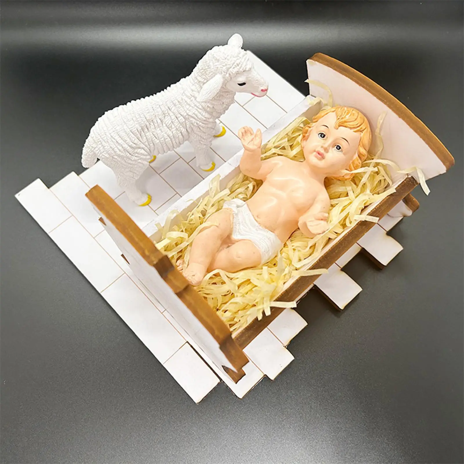 Baby Jesus Manger Figurine Decorative with LED for Indoor Holiday Decor