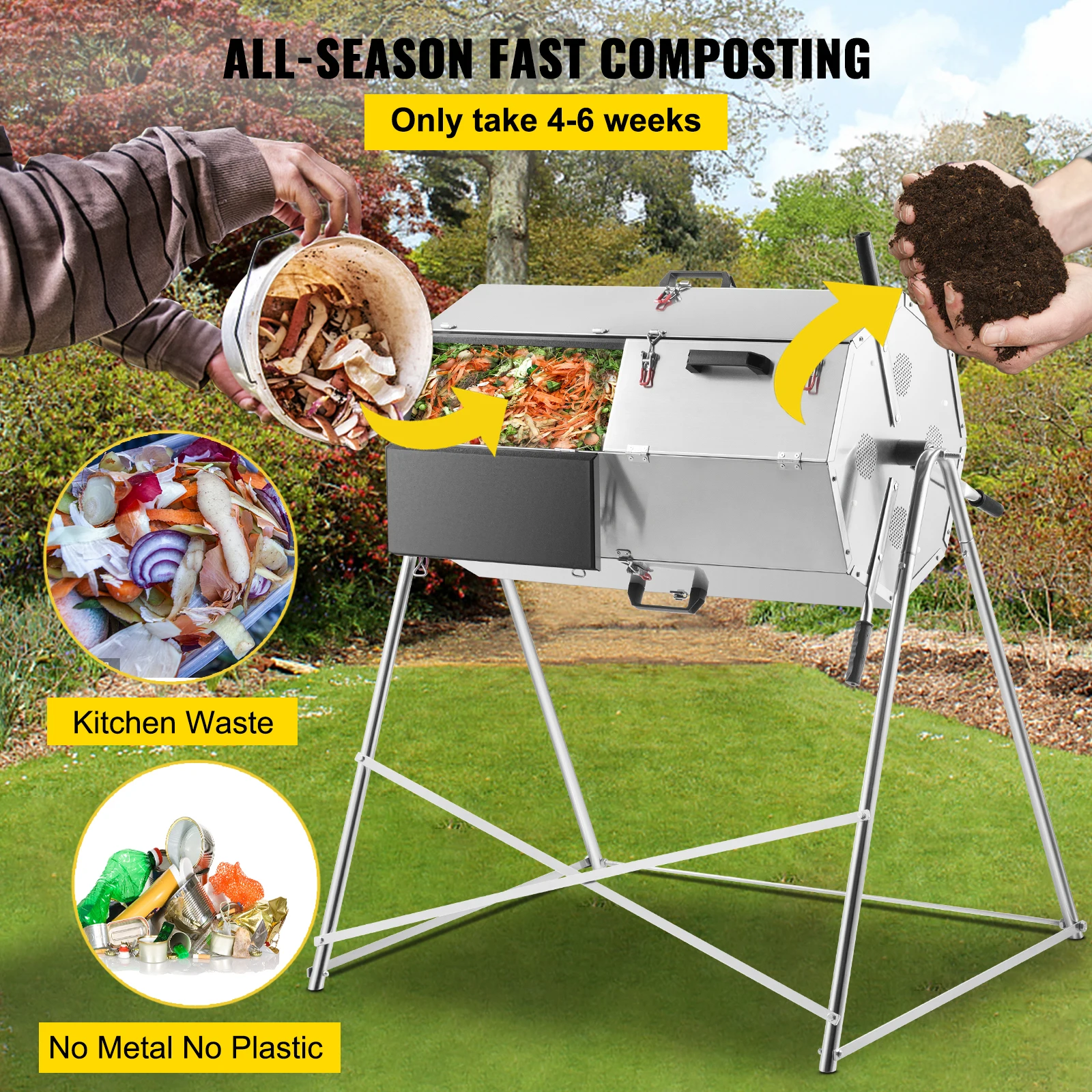 VEVOR tempat sampah kapasitas 33/71/106 galon, tempat sampah Stainless Steel ruang ganda Composter taman untuk halaman dapur