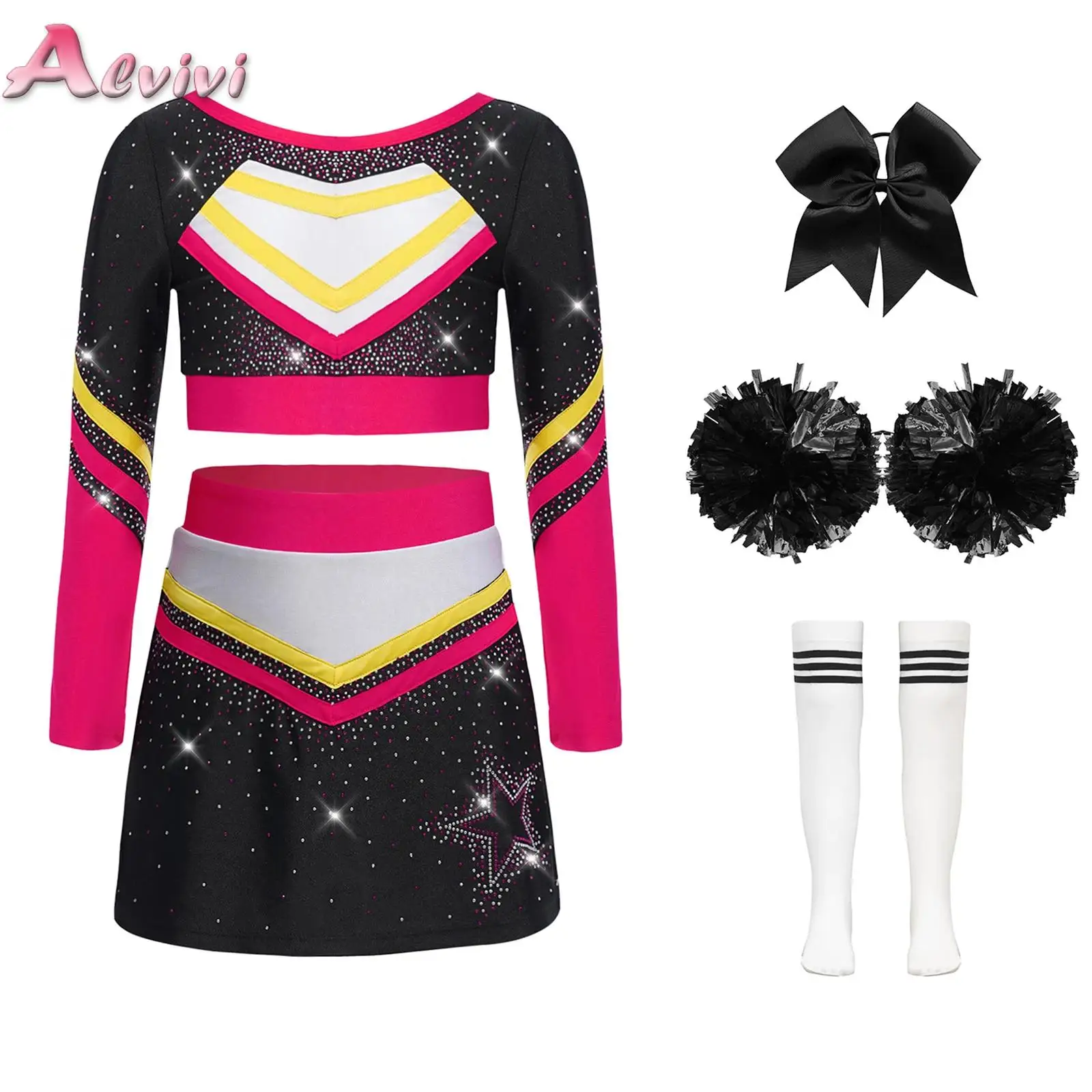

Kids Girls Cheerleading Costume Long Sleeve Rhinestones Crop Top with Skirt with HeadwearSocks Flower Balls Suit for Performance