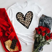 Fashion Women T-shirts Leopard Love Heart Print Tops Short Sleeve Clothing Ladies Harajuku Valentine's Day Female Clothing