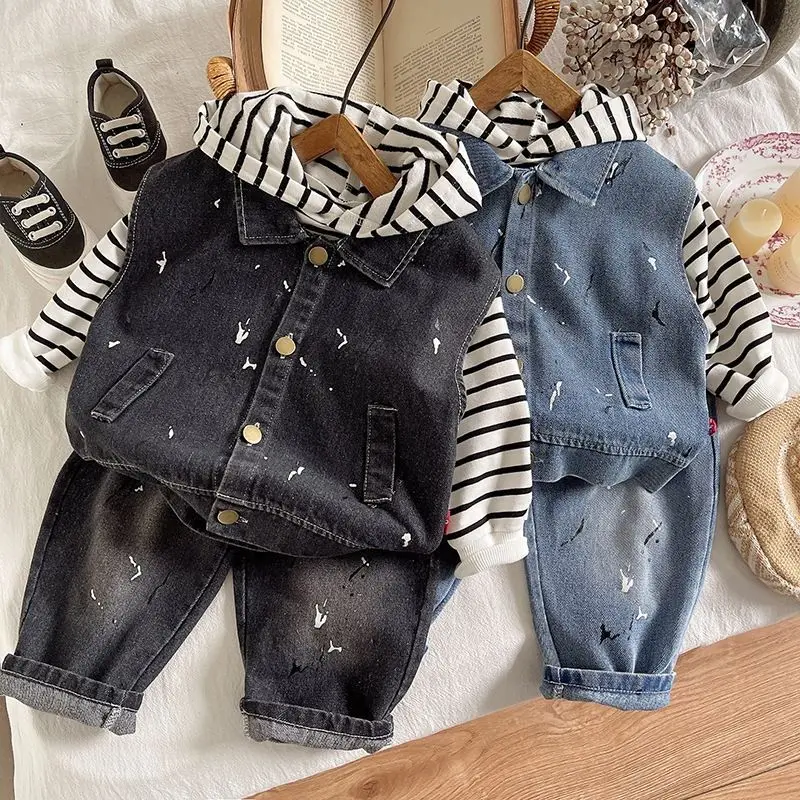 

Boys Baby Set Fashionable Spring Autumn New Children's Casual Hoodie Vest Jeans Three-piece Suit