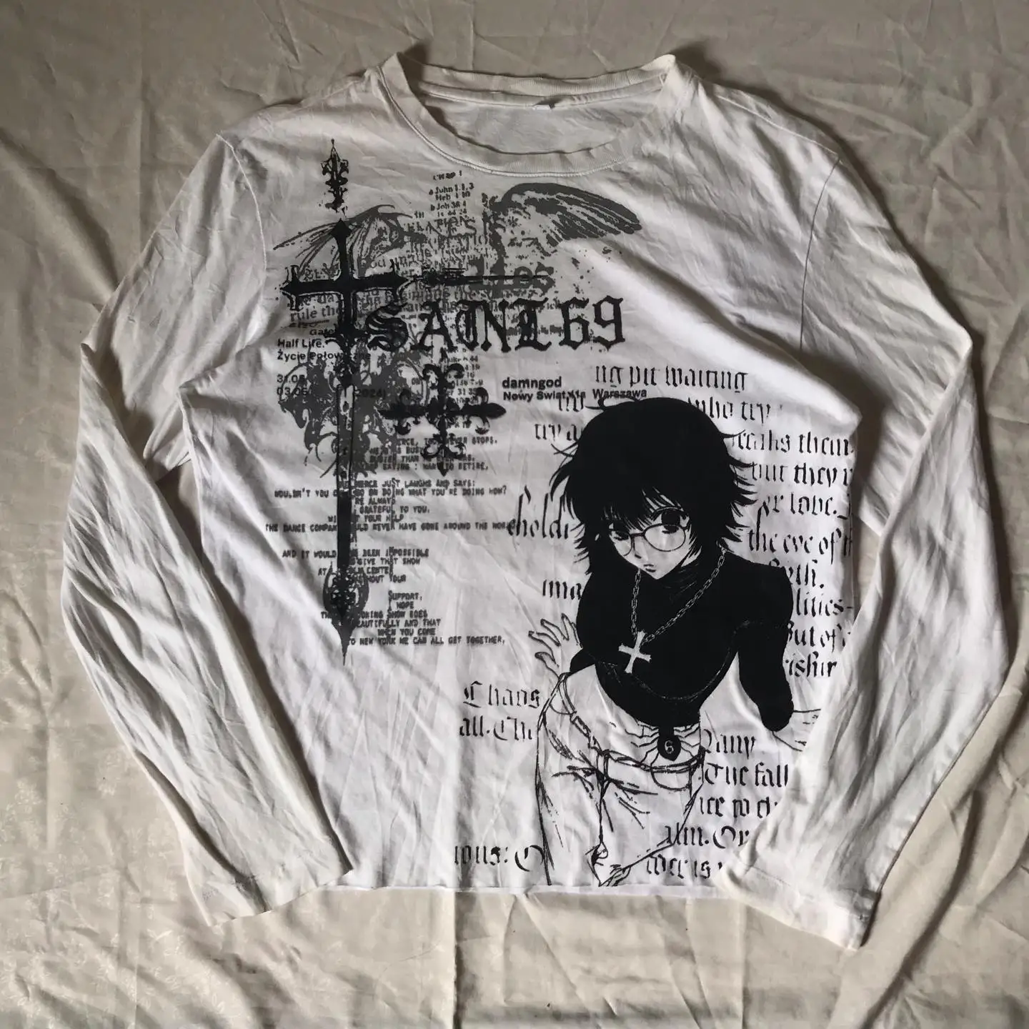 Y2K Gothic Dark Anime Print Langarm-T-Shirt Unisex Harajuku Streetwear Locker Sitzend mit Kreuz-Grafik Lässiges Baumwoll-Oberteil
