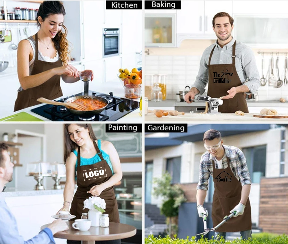 Diseño personalizado logotipo de marca negro Unisex camarero cocina restaurante bolsillo impresión ajustable cuello colgante hombres delantales para
