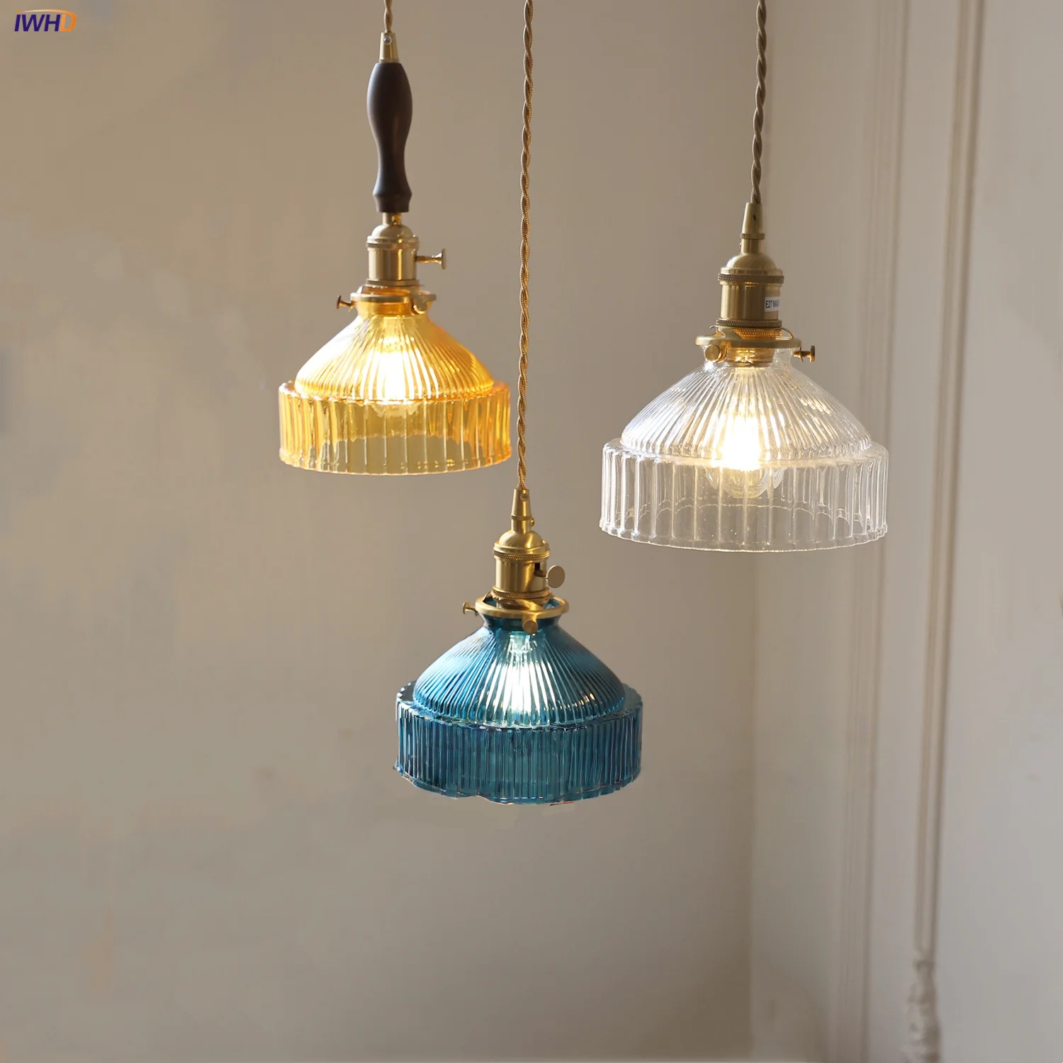 

IWHD Knob Switch LED Pendant Lamp Bedroom Bar Coffee Wood Walnut Nordic Modern Glass Home Decor Hang Lamp Luminaire Suspension