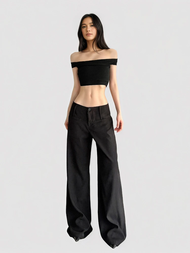 Funoff Casual Black Draped Suit Straight Leg Pants Basic Versatile Slimming Wide Leg Floor-Length Low Waist Trousers
