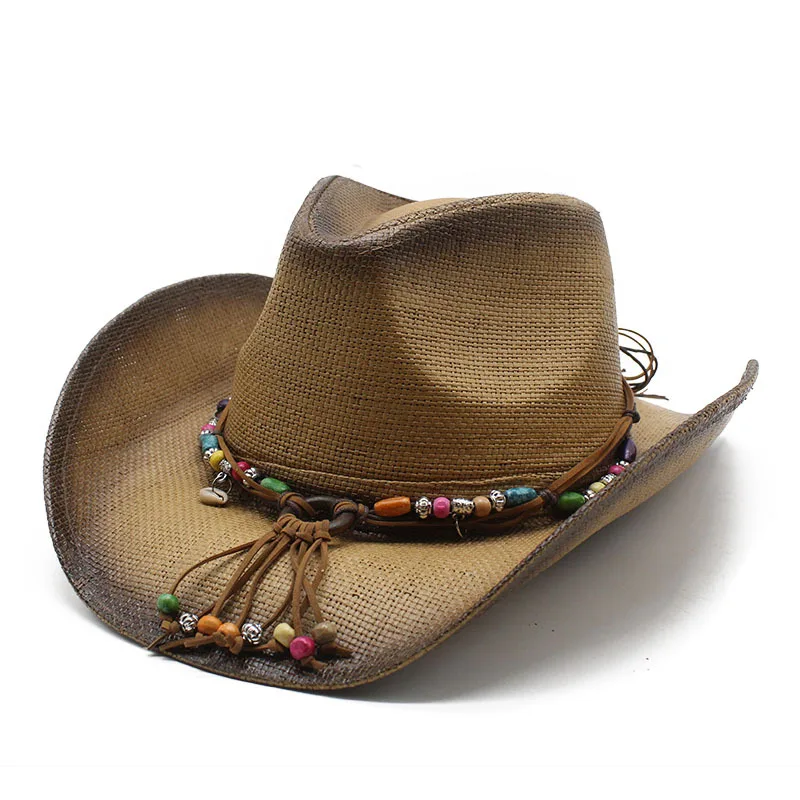 Unisex Straw Woven Cowboy Hat for Summer Vintage Ethnic Style 57-58cm Papyrus Sunshade Decorative Straps