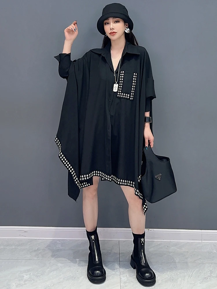 SHENGPALAE Rivet Spliced Shirt For Women Spring 2024 New Fashion Chic Irregular Design Loose Bat Shape Blouse Female Tops 5R9226