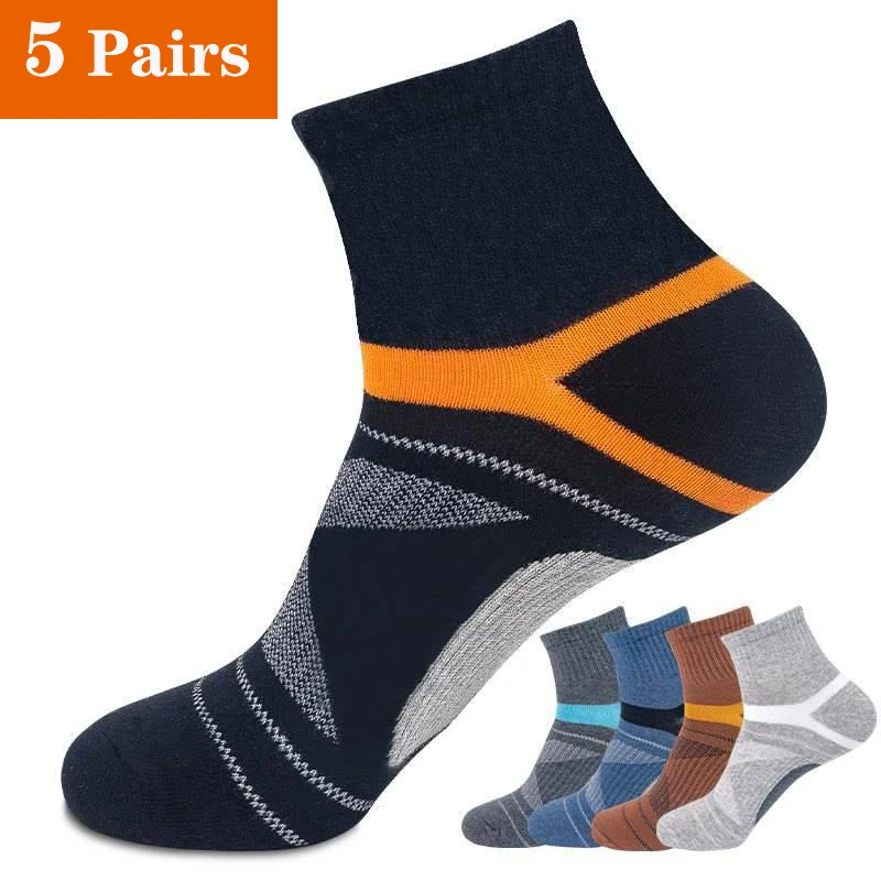 5 Pairs Men Cotton Socks Black High Quality Stripe Sports Socks Casual Run Autumn Winter Breathable Fitness Men Socks Size 38-45